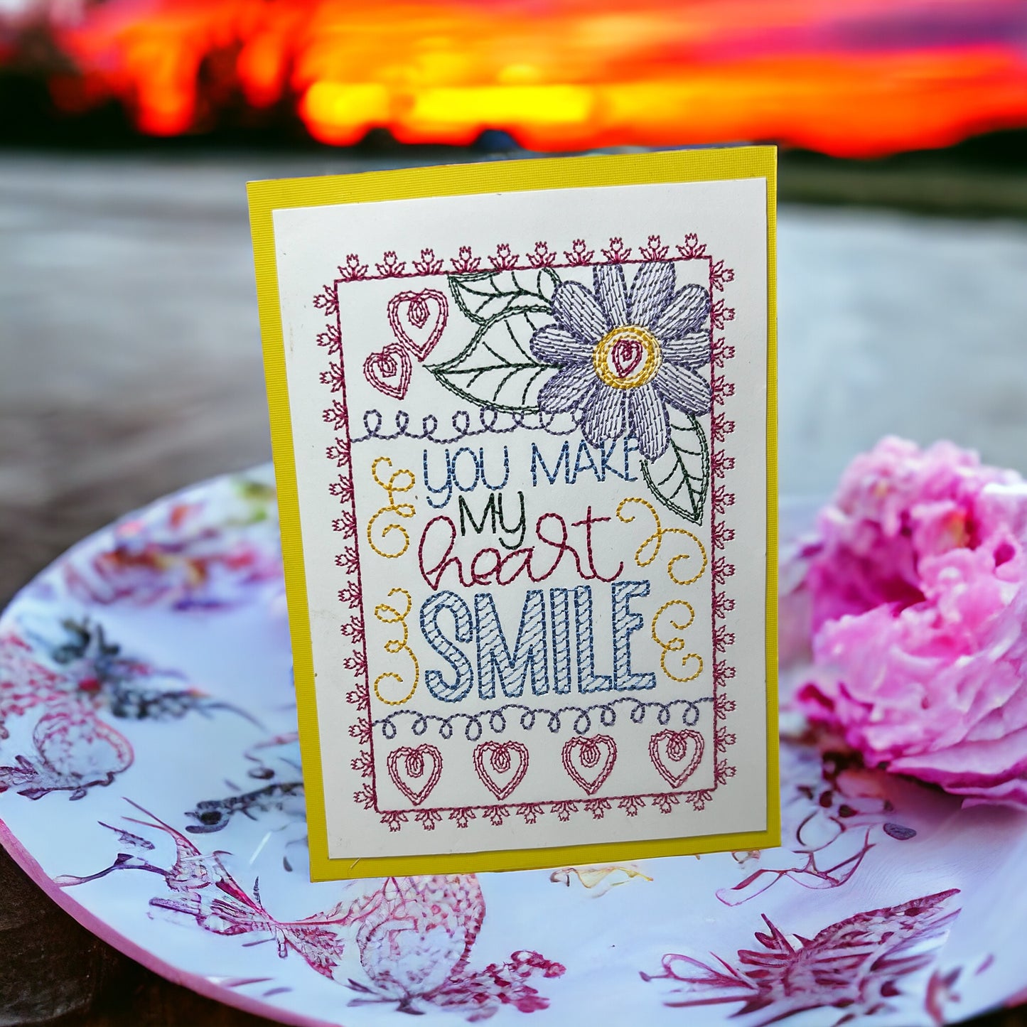 You Make My Heart Smile Valentines Day Embroidered Handmade Greeting Card