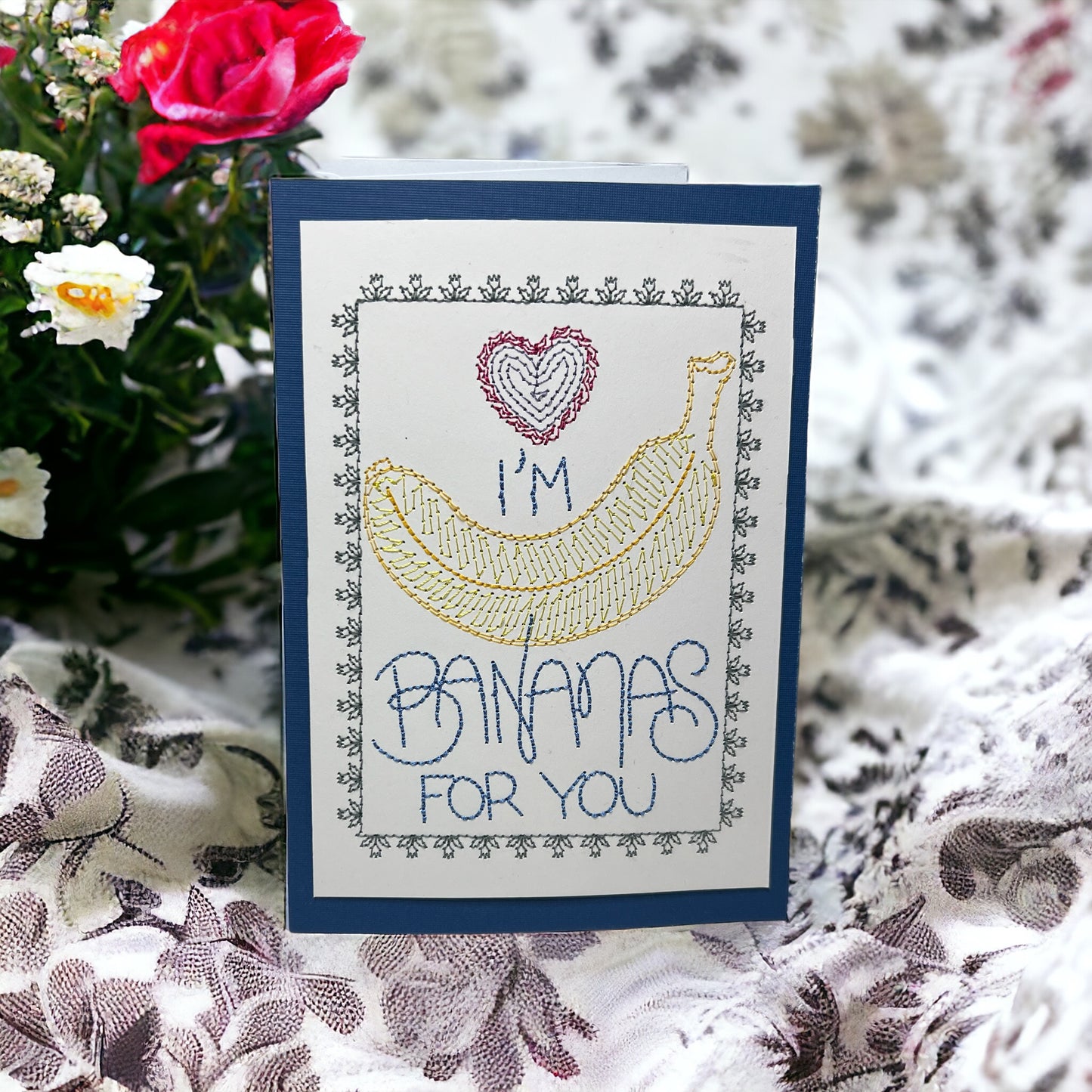I'm Bananas For You Valentines Day Embroidered Handmade Greeting Card