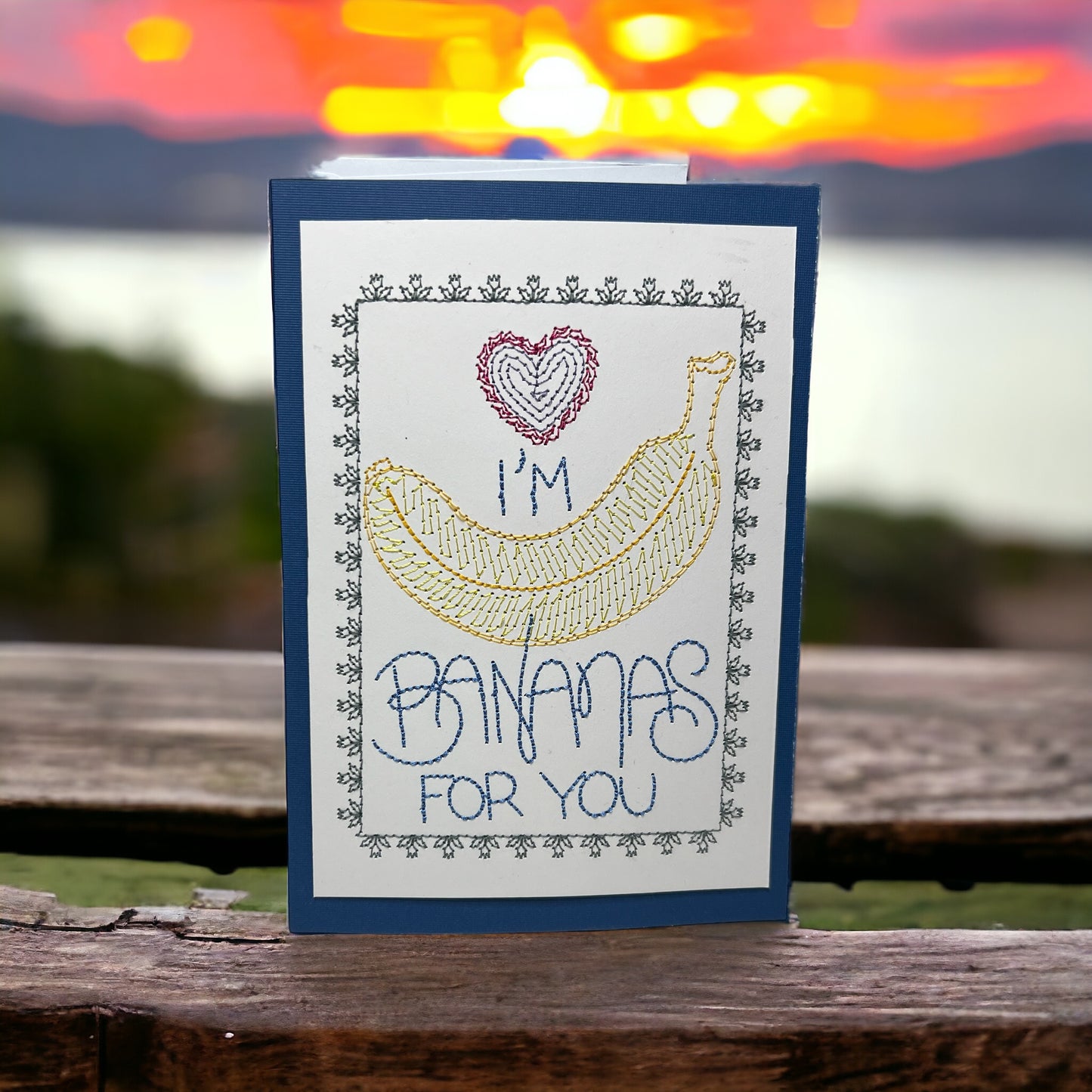 I'm Bananas For You Valentines Day Embroidered Handmade Greeting Card