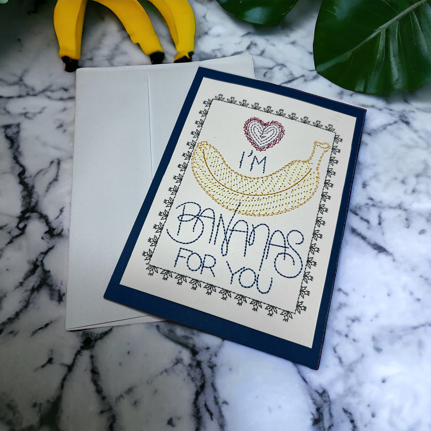 I'm Bananas For You Valentines Day Embroidered Handmade Greeting Card