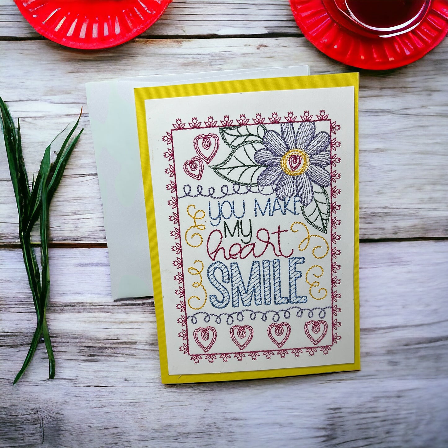 You Make My Heart Smile Valentines Day Embroidered Handmade Greeting Card