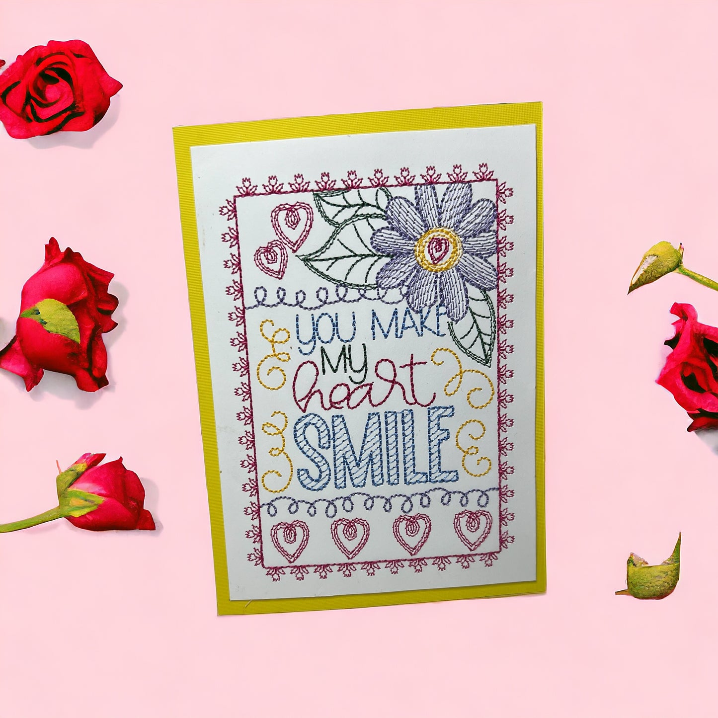 You Make My Heart Smile Valentines Day Embroidered Handmade Greeting Card