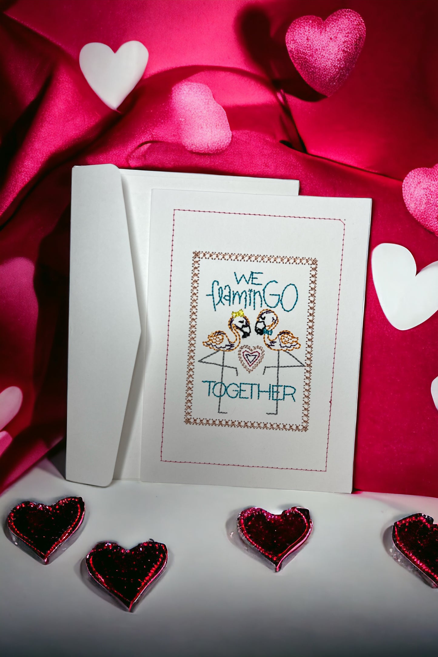 We Flamingo Together Embroidered Handmade Greeting Card