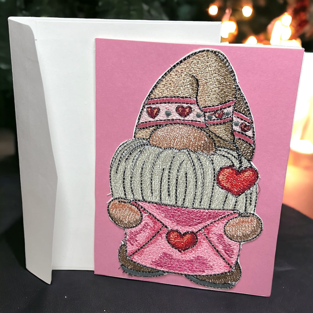 Valentines Gnome Embroidered Handmade Greeting Card