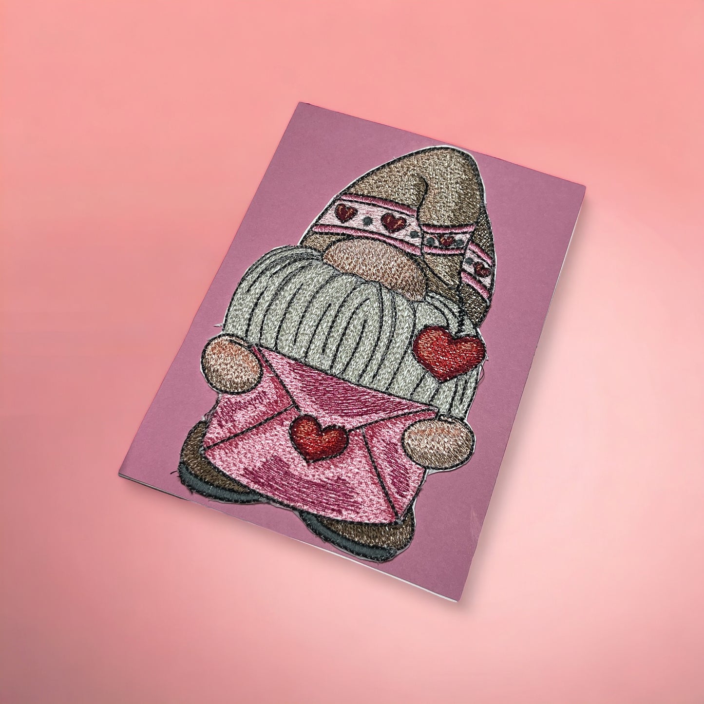 Valentines Gnome Embroidered Handmade Greeting Card