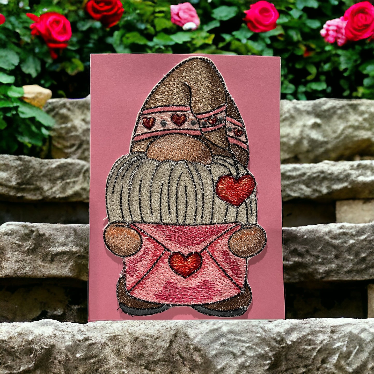 Valentines Gnome Embroidered Handmade Greeting Card