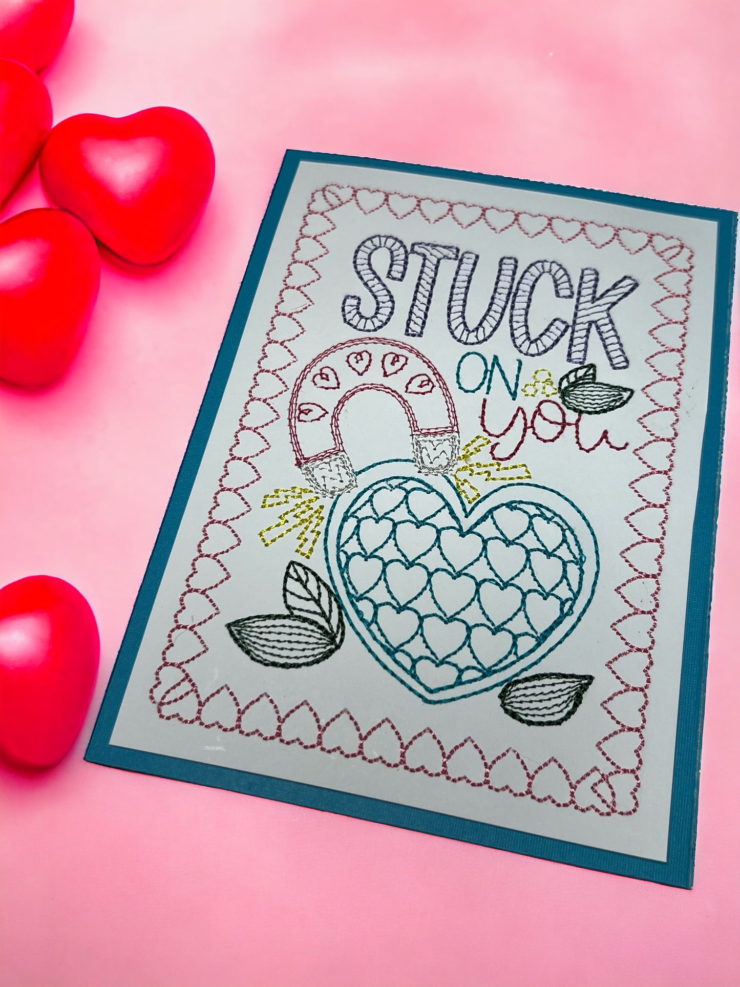 Stuck on You Valentines Day Embroidered Handmade Greeting Card