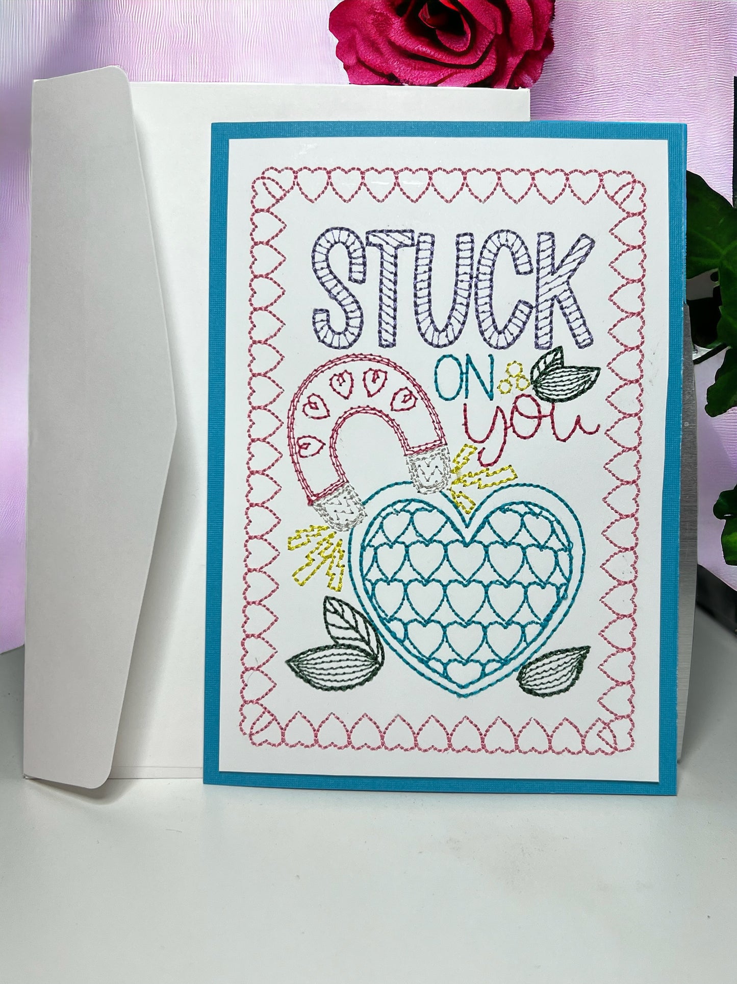 Stuck on You Valentines Day Embroidered Handmade Greeting Card