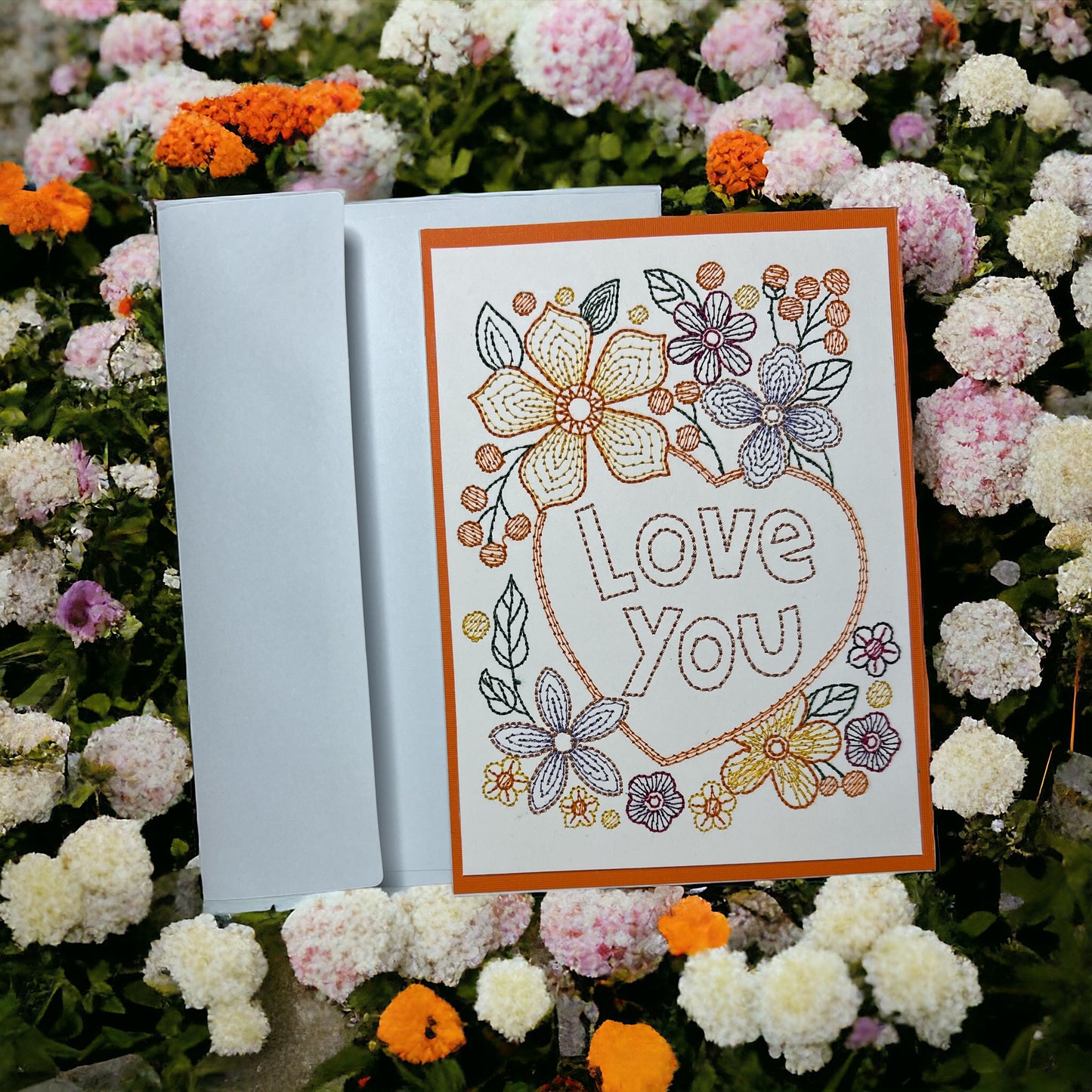 Love You Valentines Day Embroidered Handmade Greeting Card