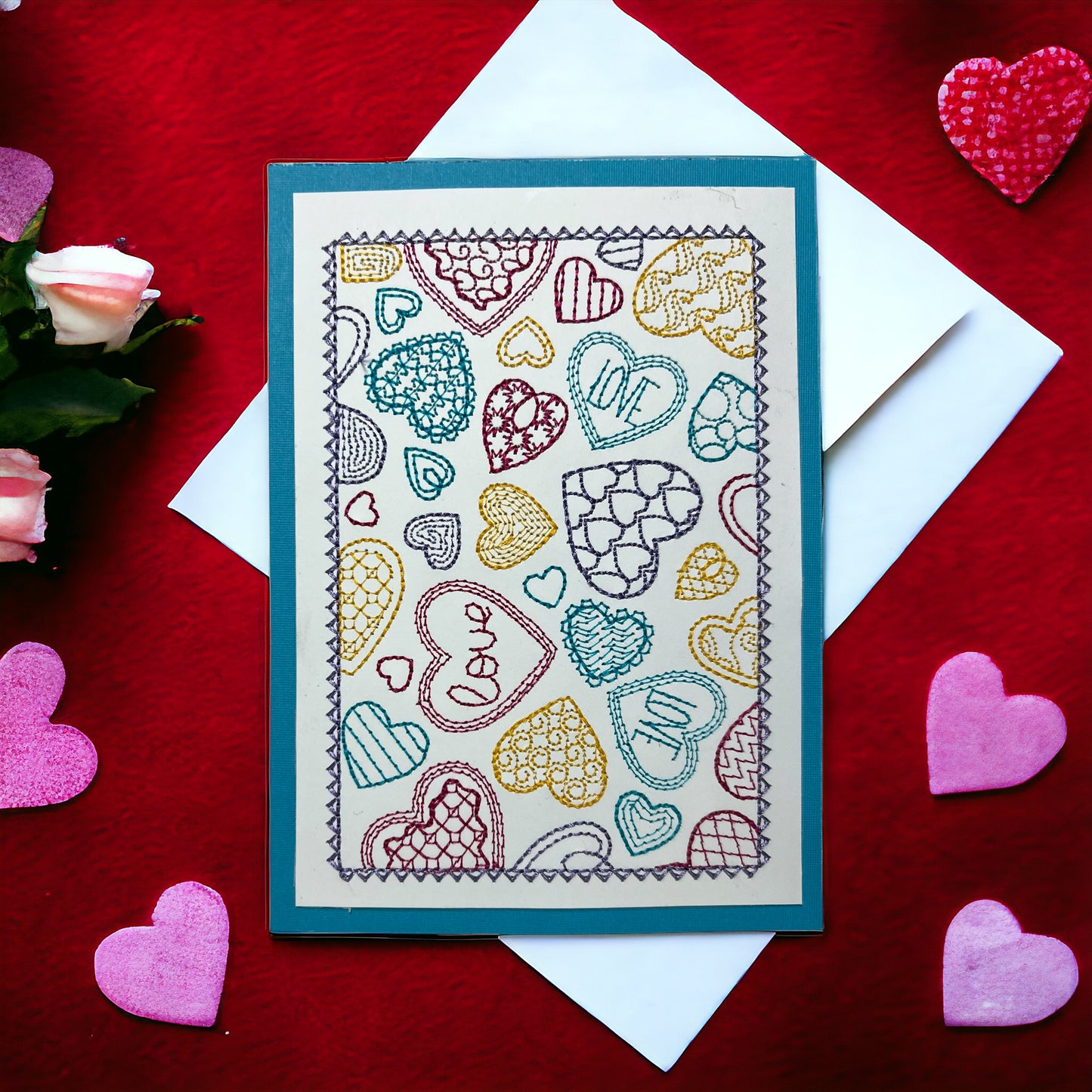Candy Hearts Love Valentines Day Embroidered Handmade Greeting Card