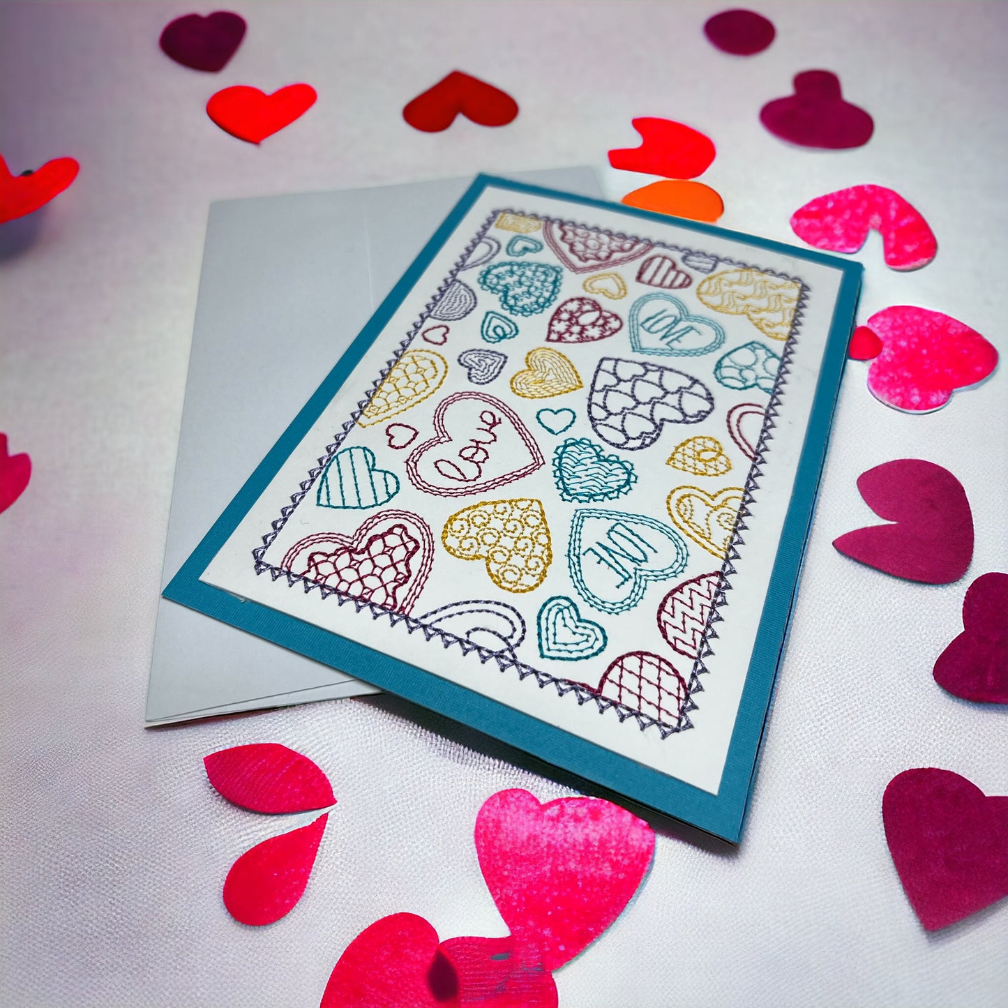 Candy Hearts Love Valentines Day Embroidered Handmade Greeting Card