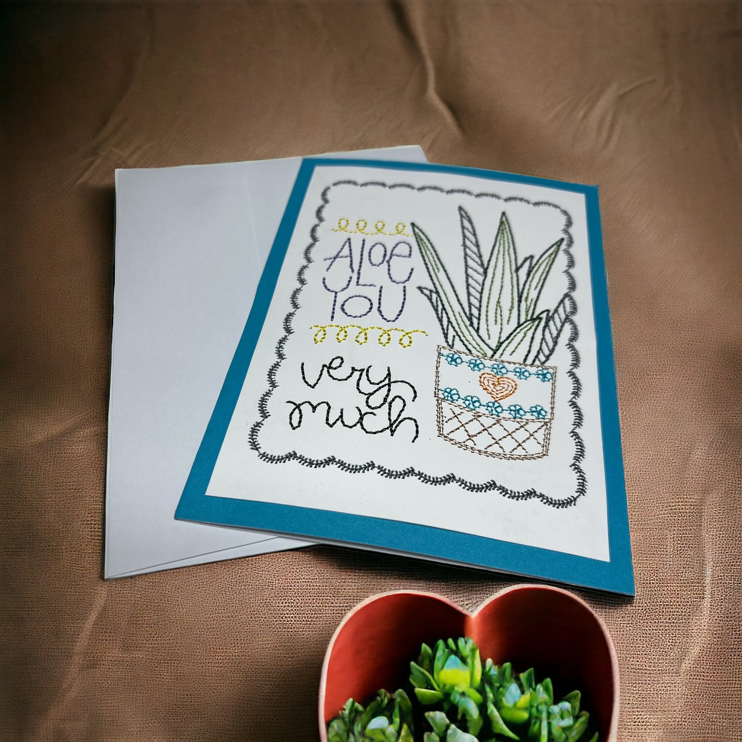Aloe You Valentines Day Embroidered Handmade Greeting Card